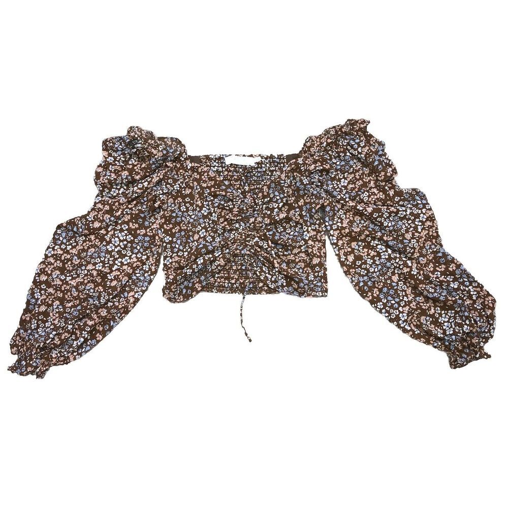 ASTR The Label Top Women's M Brown Floral Puff Sleeve Peasant Ruffle Smocked